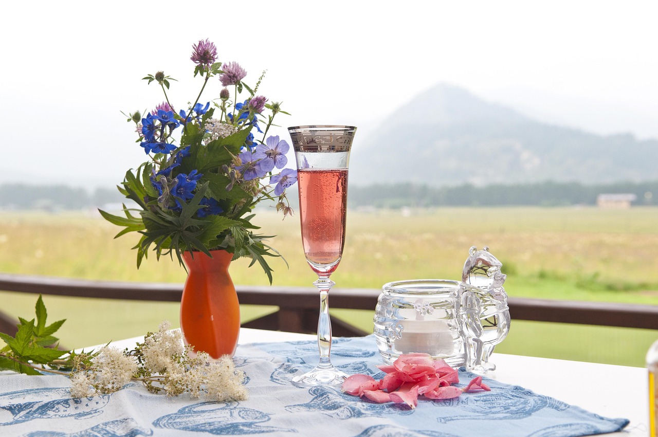 flowers, champagne, mountains, meadow, flower wallpaper, love, celebration, alcohol, drink, gift, wine, colorful, bouquet, bloom, flower, nature, spring, color, pink, beautiful flowers, vase, flower background, summer, beautiful, roses, wildflowers