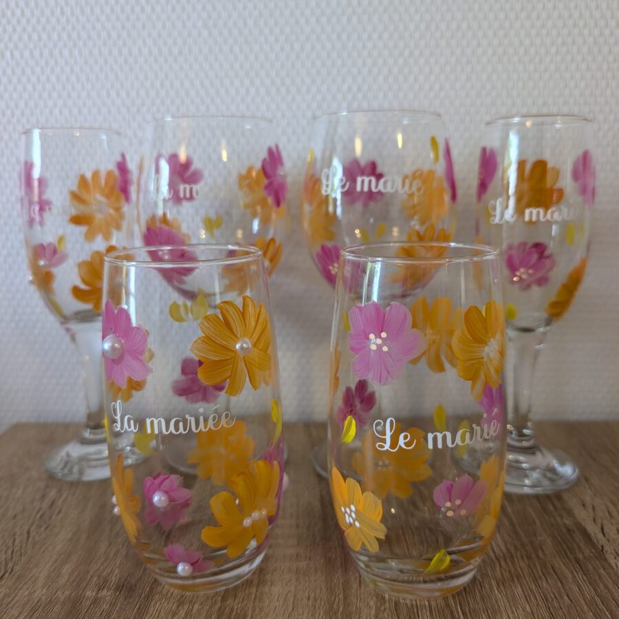 Ensemble de verres personnalisés mariage peints à la main avec fleurs colorées