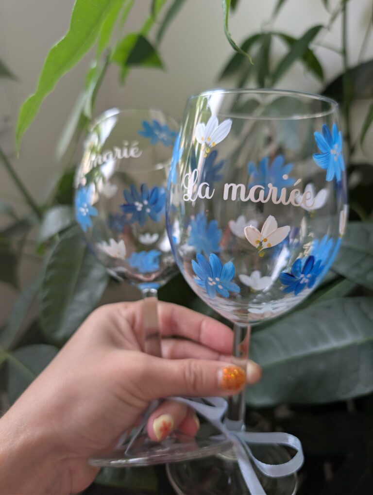 Verre la mariée le mariée bleu blanc